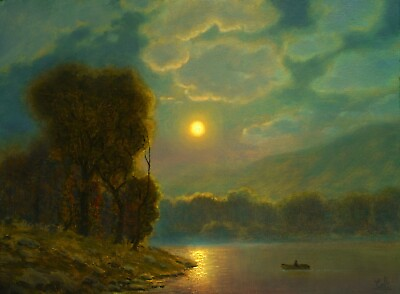 #ad Oil Painting Original Landscape Fantasy Love American Art Moon Signed MAX COLE $3500.00