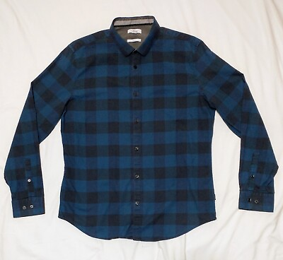 #ad Calvin Klein Mens Navy Blue Buffalo Plaid Long Sleeve Button Up Shirt Size L $14.95