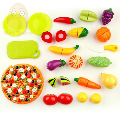 #ad Kitchens Pizza Play Food Set Toys 25 Pcs Plastic Cutting Fruits Vegetables Toys $23.99