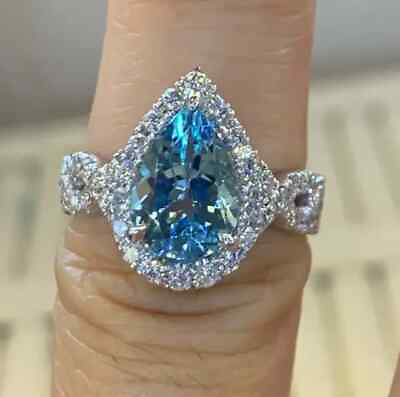 #ad 3Ct Pear Cut Lab Created Aquamarine Halo Engagement Ring 14K White Gold Plated $102.99