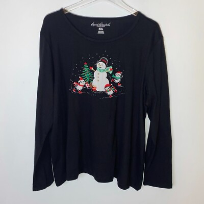 #ad Womens XXL Long Sleeve Gloria Vanderbilt Holiday Shirt Black Snowman NWT $19.99