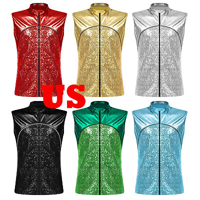 #ad Mens Sequins Metallic Patchwork Vest Glittery Sleeveless Zipper Jacket Carnival $18.19