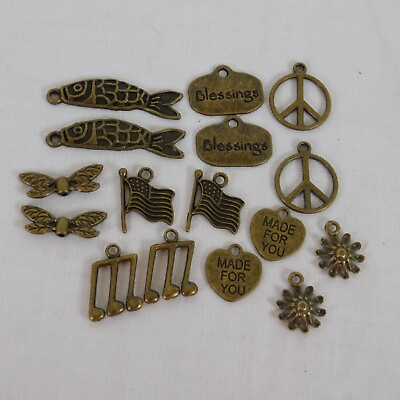 #ad 16 Mixed Lot Bronze Tone Charms DIY Jewelry Making Fish Flag Peace Music Note $8.00