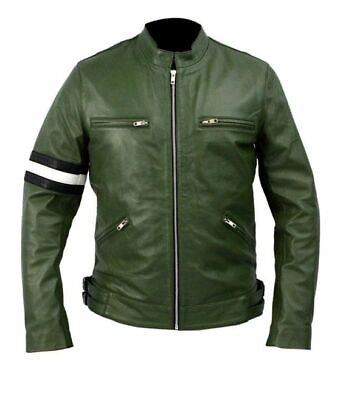 #ad Men#x27;s Leather Olive Green Jacket Lambskin Stripped Jacket Genuine Bomber Stylish $117.75