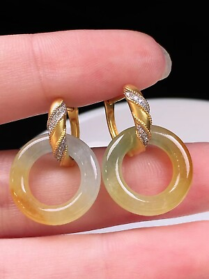 #ad 18K Yellow Gold Diamond Icy Yellow Jadeite Jade Gourd Earrings JEWELRY 0424 $4148.00