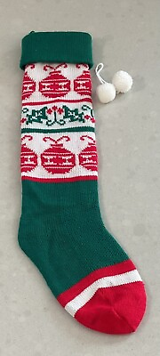 #ad Vintage Christmas Stocking Knit Sock Ornaments Holly Pom Pom 23” $14.00