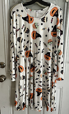#ad Halloween Dress Pumpkin Cupcake Bat Candy Lg Sleeve Flared White Brand New Sz XL $10.00