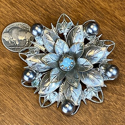 #ad VNTG Metal Silver Tone Polished turquoise Cab Center Flower Brooch Riveted Balls $19.95