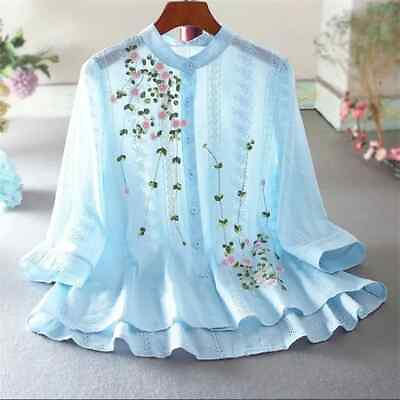#ad Embroidery Blouses Women Shirt Loose Pure Cotton Shirt For Women Blusas Top $29.99