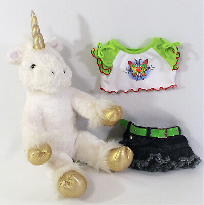 #ad White Unicorn Plush Denim Skirt 16” Stuffed Anima 2001 The Bear Factory $15.19