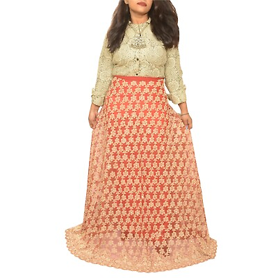 #ad Sanskriti Vintage Red Long Skirt Net Mesh Hand Beaded Unstitched Zardozi Lehenga $126.20