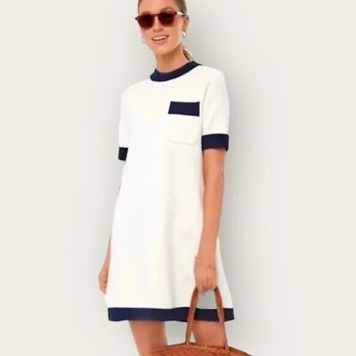 #ad Tuckernuck Women#x27;s Merritt Knit Dress Mini Shift Off White Navy Pocket NWT $79.00