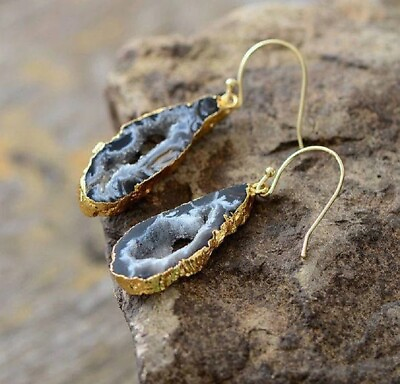 #ad Natural Druzy Agate Geode Crystal Slice Drop Dangle Earrings Gold Hook Earrings $13.50