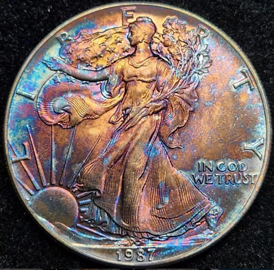 #ad 1987 American Silver Eagle BU Rainbow Toned **See Video** Combined Shipping $98.00