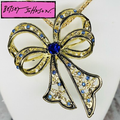 #ad Betsey Johnson Bow Ribbon Gift Blue Crystal Flower Necklace Pendant Brooch Pin $24.95