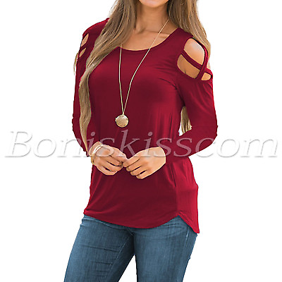 #ad Women#x27;s Casual Cold Shoulder Loose Strappy Long Sleeves Tunic Tops Basic T Shirt $14.99