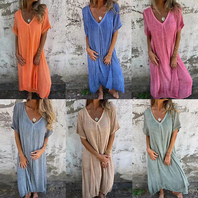 #ad Loose Long Dress Cotton Linen Dress Summer Dress Short Sleeve Baggy Dresses AU $13.65