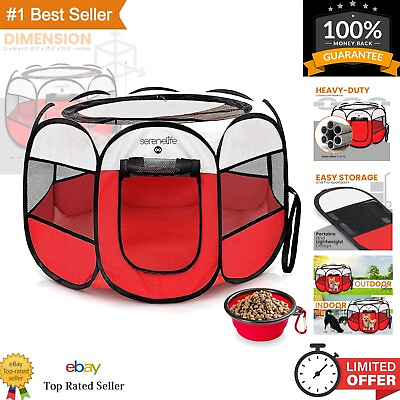 #ad Foldable Portable Pet Tent Playpen with Collapsible Bowl Indoor Outdoor Red $46.99
