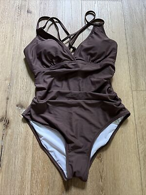 #ad Charmo Tummy Control One Piece Swimsuits Women Ruched Strappy M Brown $19.97