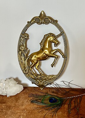 #ad Vintage Brass Unicorn Wall Hanging 1980s Boho Mythical Fantasy Decor $28.99