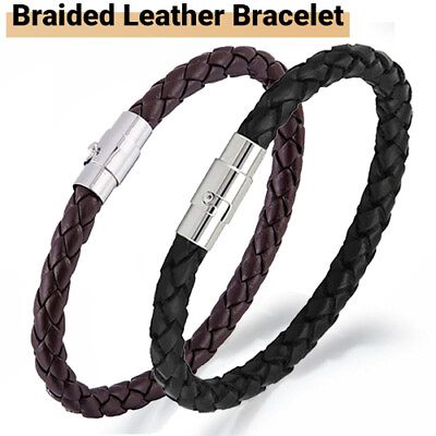 #ad Silver Stainless Steel Magnetic Clasp Braided Leather Bracelet for Men#x27;s Women#x27;s $3.95