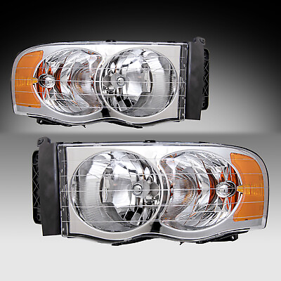 #ad Pair Headlights For 2002 2005 Dodge Ram 1500 2500 3500 Chrome Amber Headlamps $54.99