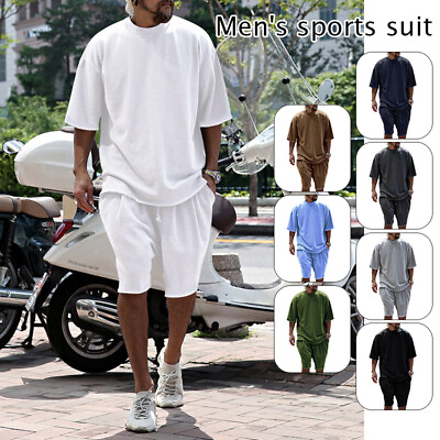 #ad Men Loose Pure Solid Sports Short Sleeve T Shirt Shorts Set Outfit Sportswear $35.34