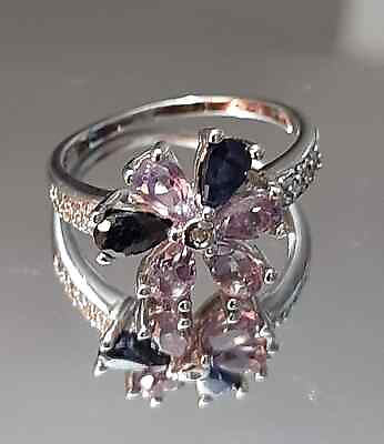 #ad 1.35 Multi Color Gemstone amp; Diamond 925 Ring Sterling Silver Amethyst Size 7 $32.95