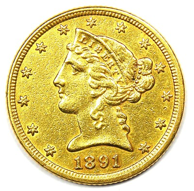 #ad 1891 CC Liberty Gold Half Eagle $5 Carson City Coin AU Details Rare $1562.75