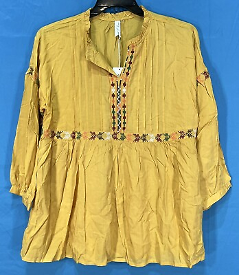 #ad NWT L LOVE Gold Multi EMBROIDERED Lightweight Twill 3 4 SLEEVE Peasant Top Sz M $9.00