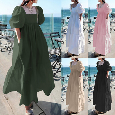 #ad Women Summer Beach Holiday Long Maxi Dress Short Sleeve Square Neck Sundress NEW $16.95