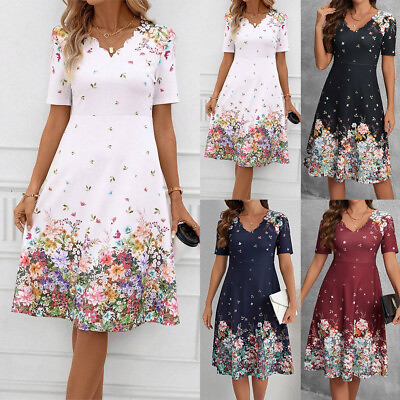 #ad Womens Boho Floral Midi Dress Ladies Short Sleeve Casual Slim Holiday Sundress $22.59
