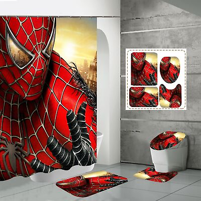 #ad shower Spider man Bathroom Shower Curtain Mat Toilet Mat 4pcs Decor Waterproof $40.32