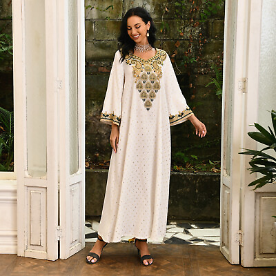 #ad Muslim Womens Floral Printed Long Sleeve Loose Sundresses Ladies Maxi Long Dress $42.09