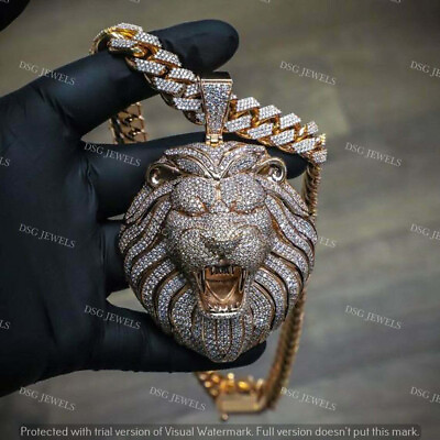 #ad 5Ct Cubic Zirconia Animal King Lion Face Pendant 14k Pink Gold FN Silver NoChain $336.28