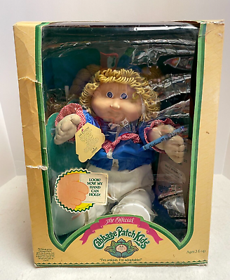 #ad 1986 Official Cabbage Patch Kids Soft Body Doll Blue Eyes Gold Hair Boxed $124.99