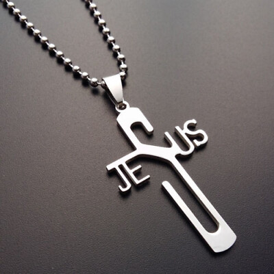 #ad Jesus Name Cross Pendant Womens Mens Stainless Steel Necklace Christian C Silver $4.95