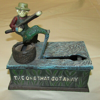 #ad Classic Cast Iron Mechanical Bank quot;THE ONE THAT GOT AWAYquot; Fisherman it works $71.99
