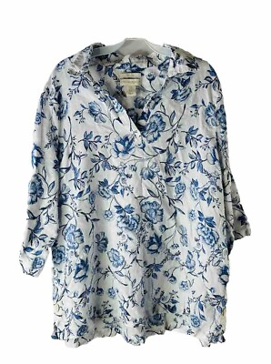 #ad Cynthia Rowley Womens 1XL Gauzy Linen Floral Collared Popover Blouse Shirt $35.19