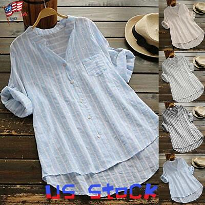 #ad Womens 3 4 Sleeve Striped Loose Casual Button T Shirt Tunic Top Blouse Plus Size $10.79