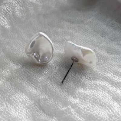 #ad Flawless white Baroque pearl petal earrings 925 silver Formal Custom Stud $12.51