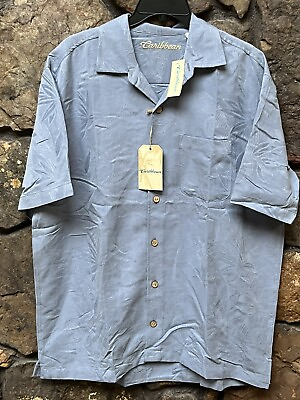 #ad Caribbean Leaf Textured S S Hawaiian Camp Shirt MLXL Gray Indigo NWT ST5WC320 $18.99