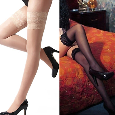 #ad 1 Pair Lady Thigh Stockings Slim Fit Solid Color Perspective Lady Thigh $7.89