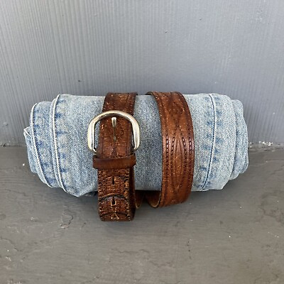 #ad Vintage Leather Nickel Buckle Western Cowboy Embossed Leather Belt Brown 34 $27.00