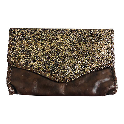 #ad 3621 NWT Brown Faux Leather Floral Embossed Clutch Western Metallic Snap $14.00