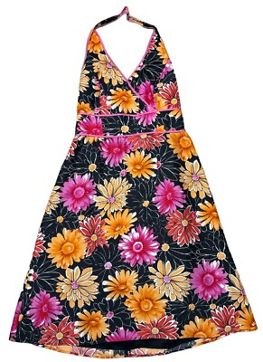 #ad Madison Studio 100% Silk Floral Halter Dress Sz 8 Bohemian Orange Pink Colorful $38.99