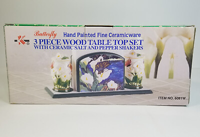 #ad K.K. Merchandise Butterfly 3 Piece Wood Table Set Ceramic Salt Pepper Shakers $49.00