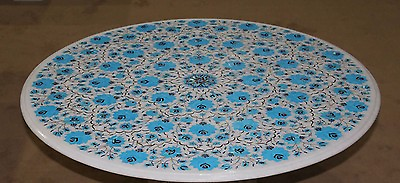 #ad 42quot; Marble Dining Table Top Pietra Dura Handmade Turquoise Inlay work $2586.38