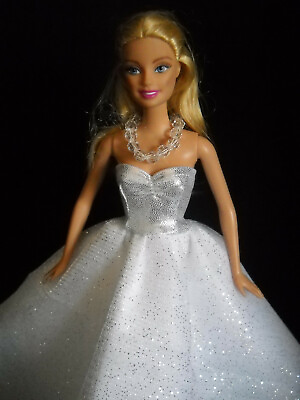 #ad Silver and White Glittery Ball Gown and Necklace Fits Barbie Dolls Handmade * $13.24