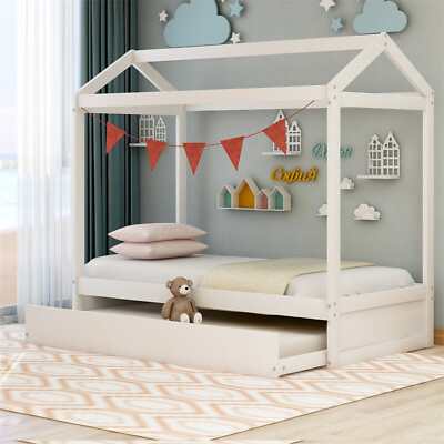 #ad Wooden Twin Size Kids House Bed Frame with Trundle House Shape Boys Girls White $369.00